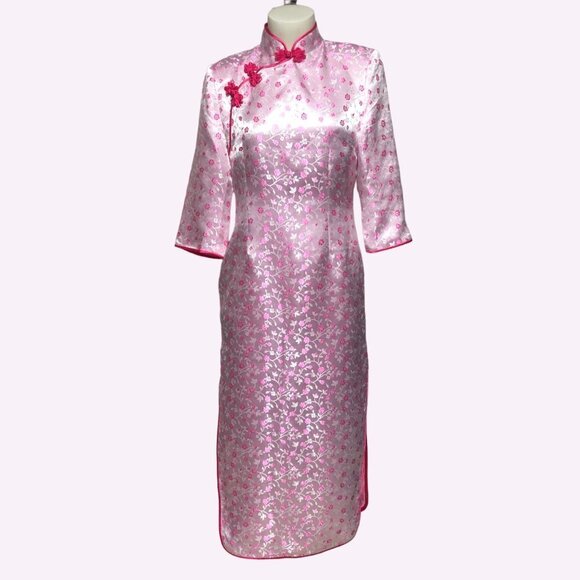 PINK Cherry Blossom Cheongsam Qipao Asian Long Satin Dress Size Small/Medium - Picture 1 of 15